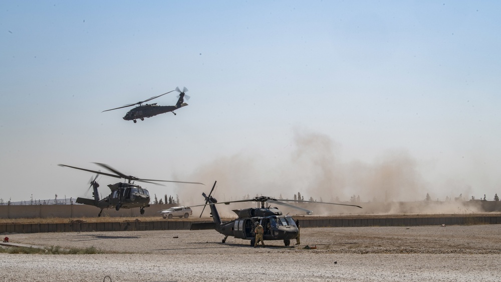 Black Hawk helicopters fly over Security Mechanism