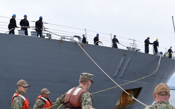 USS Sioux City (LCS 11) moors at Naval Submarine Base New London for safe harbor from Hurricane Dorian
