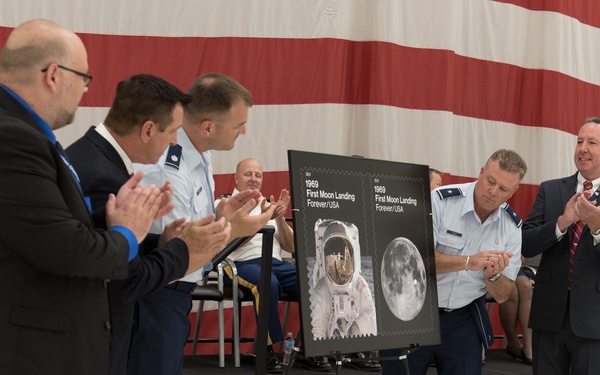 Local postmasters unveil USPS 1969 First Moon Landing Stamps during ceremony on Joint Base Cape Cod