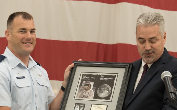 Local postmasters unveil USPS 1969 First Moon Landing Stamps during ceremony on Joint Base Cape Cod