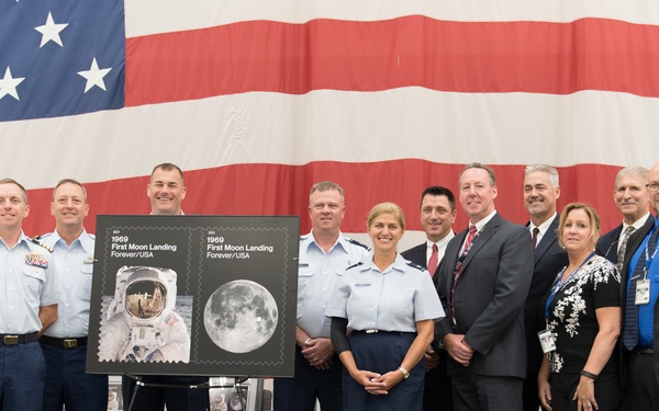 Local postmasters unveil USPS 1969 First Moon Landing Stamps during ceremony on Joint Base Cape Cod