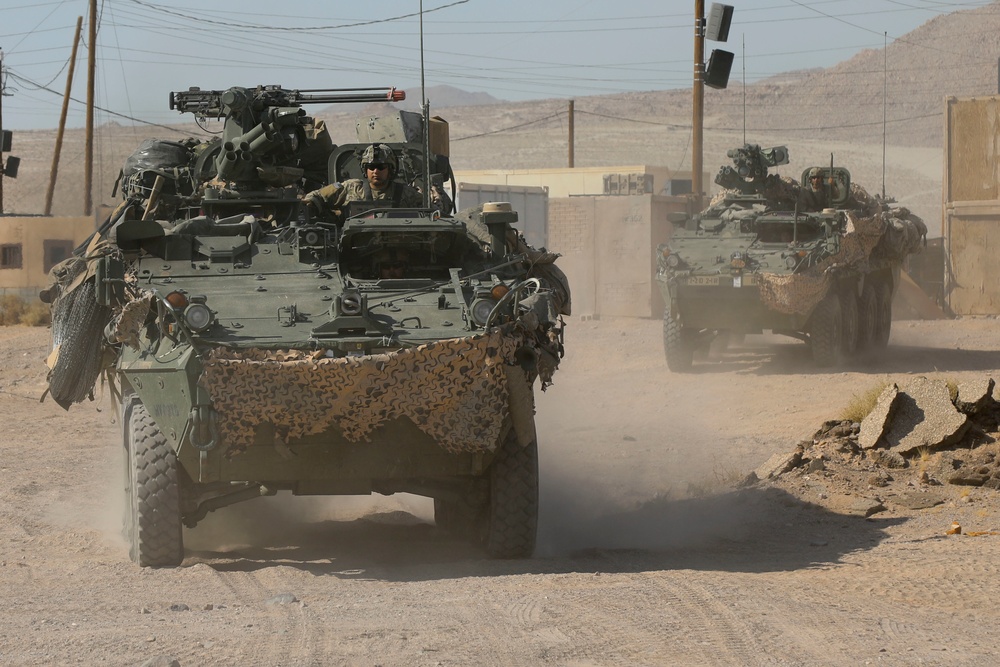 Lancer Brigade Soldiers move out in their Strykers at NTC
