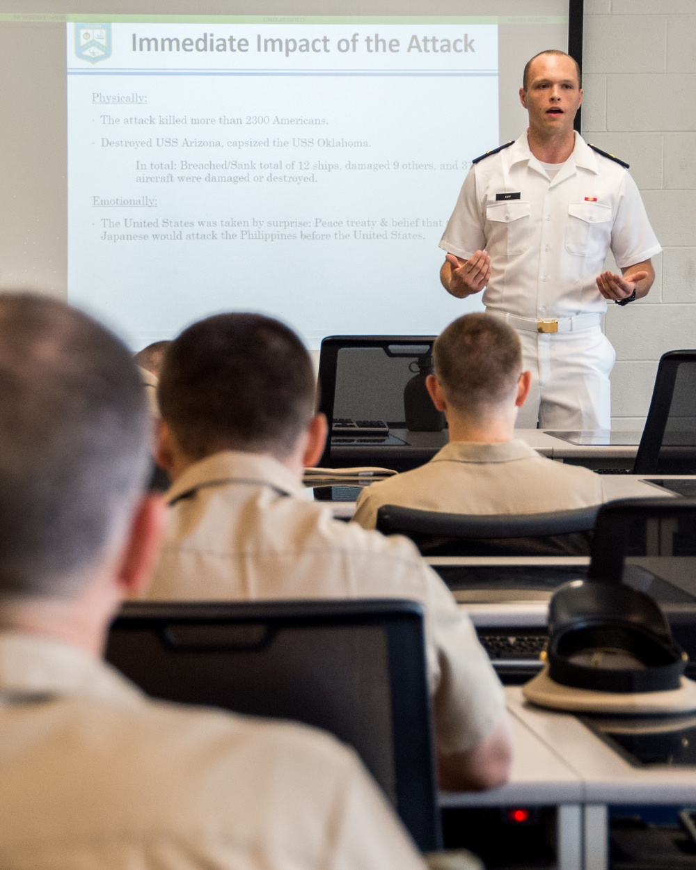 190910-N-TE695-0001 NEWPORT, R.I. (Sept. 10, 2019) – Officer Candidate School (OCS) class 17-19 here at Officer Training Command, Newport, Rhode Island, (OTCN) conduct student-led presentations about U.S. Naval history on Sept. 10, 2019.