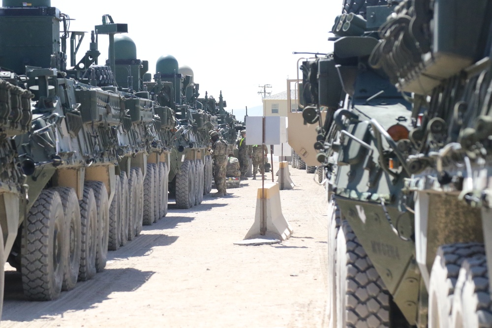Lancer Soldiers stage Strykers in MILES yard at NTC