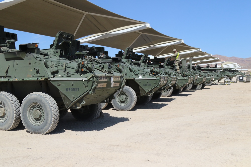 Lancer Soldiers stage Strykers in MILES yard at NTC