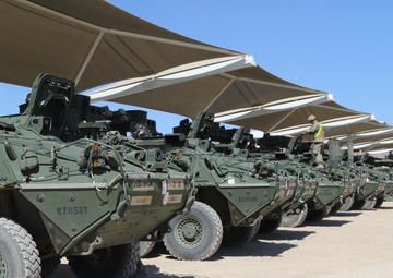 Lancer Soldiers stage Strykers in MILES yard at NTC