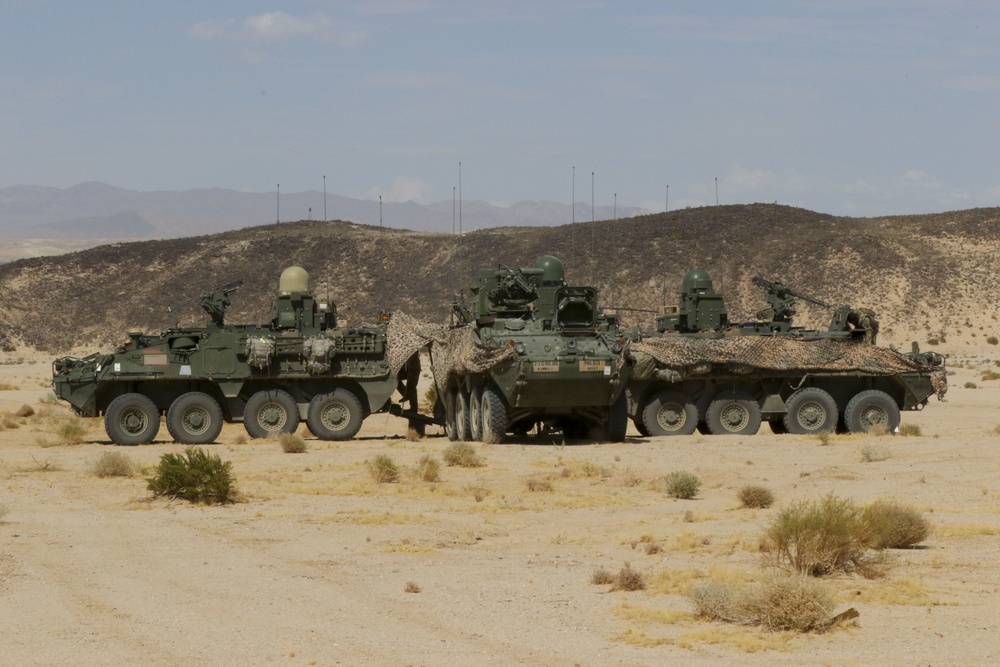 Strykers provide security for Tactical Operations Center at NTC