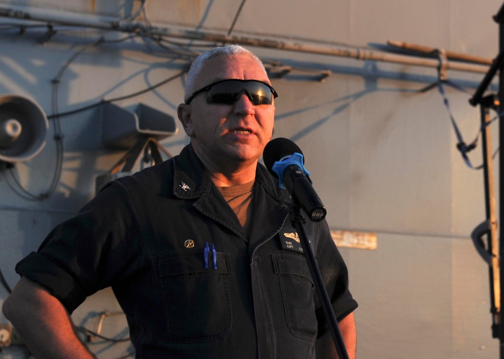 USS Emory S. Land Commanding Officer Holds an All-Hands Call at Sea