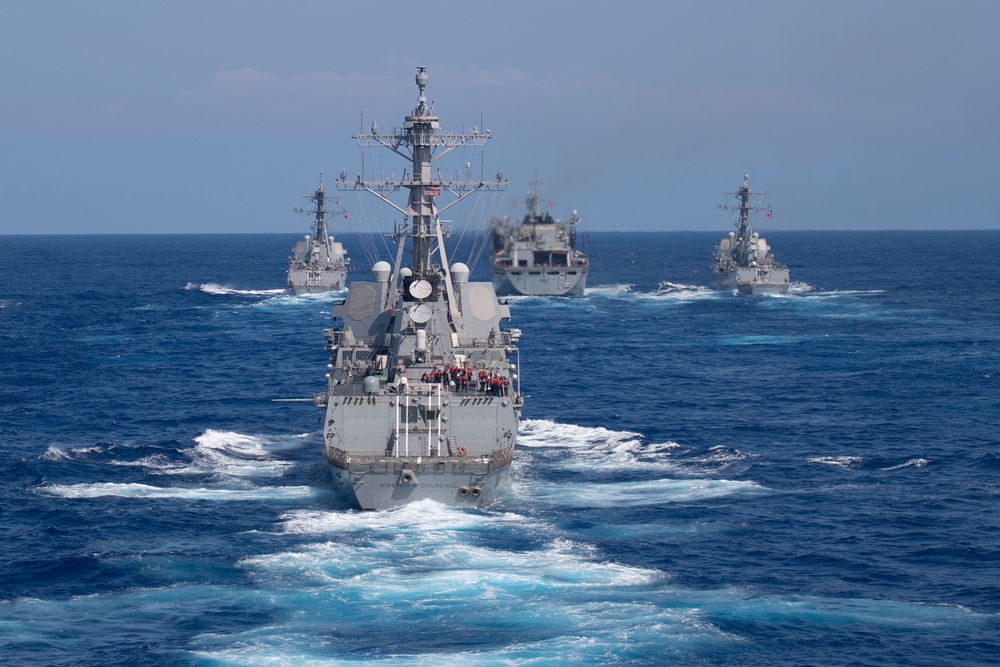 The guided-missile destroyer USS Winston S. Churchill (DDG 81) prepares to participate in refueling-at-sea in the Atlantic Ocean, Sept. 7, 2019