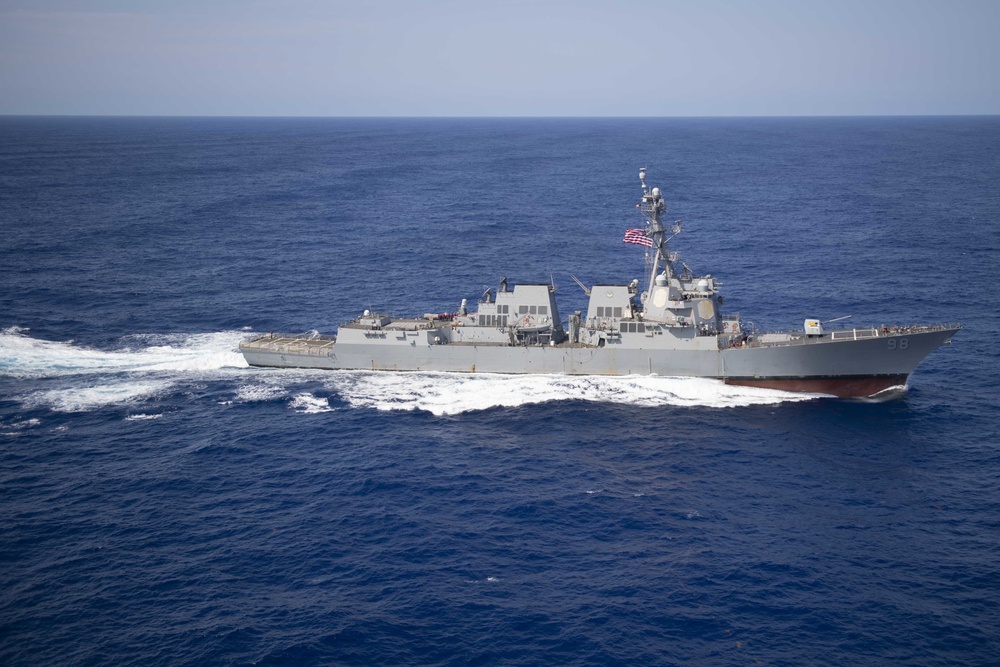 The guided-missile destroyer USS Forrest Sherman (DDG 98) concludes refueling-at-sea in the Atlantic Ocean, Sept. 7, 2019