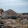 A soldier in multicam/camouflage uniform and helmet is lying prone among large lichen-covered rocks in what appears to be a remote, treeless terrain. The individual is handling a wire or thin cable, possibly setting up communications equipment or a field antenna. The overcast sky and rocky, moss-covered landscape suggest a northern or high-altitude environment.