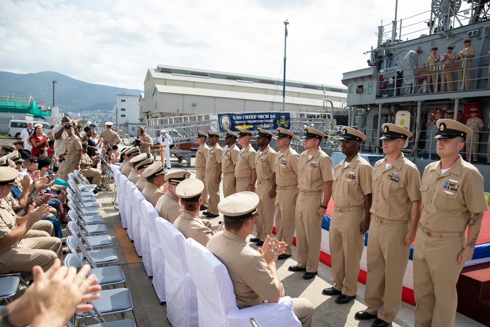 Recently pinned Chief Petty Officers from Avenger-class mine countermeasures ships
