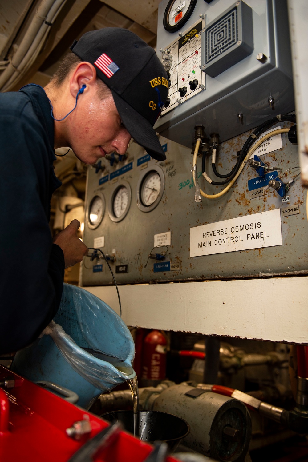 Sailors Aboard USS San Jacinto Conduct Maintenance