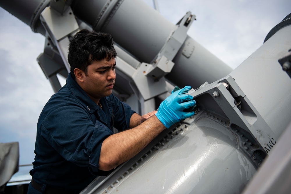 Sailors Aboard USS San Jacinto Conduct Launcher Maintenance