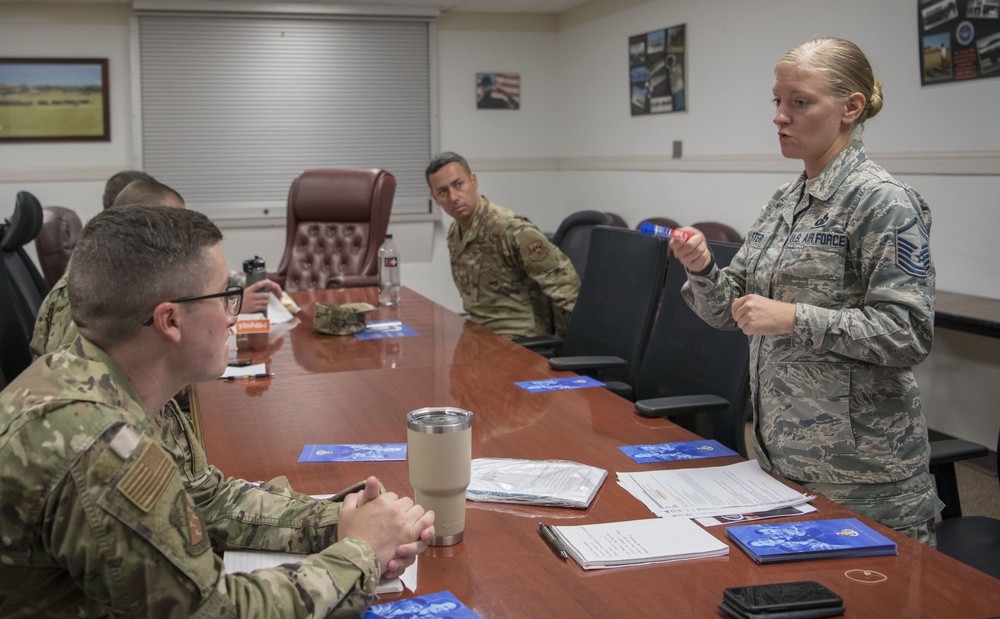 Master Sgt. Angela Carter, JBSA-Lackland Religious Affairs Superintendent, meets with her staff of chaplain’s assistants at Gateway Chapel.  (U.S. Air Force photo by Sabrina Fine)