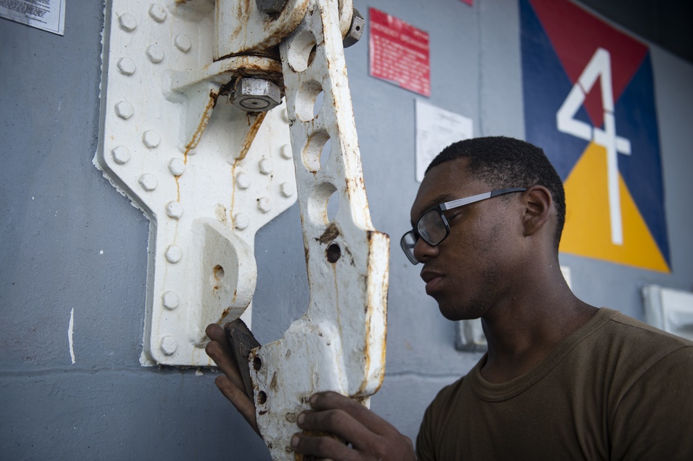 Sailors Aboard USS San Jacinto Conduct Maintenance