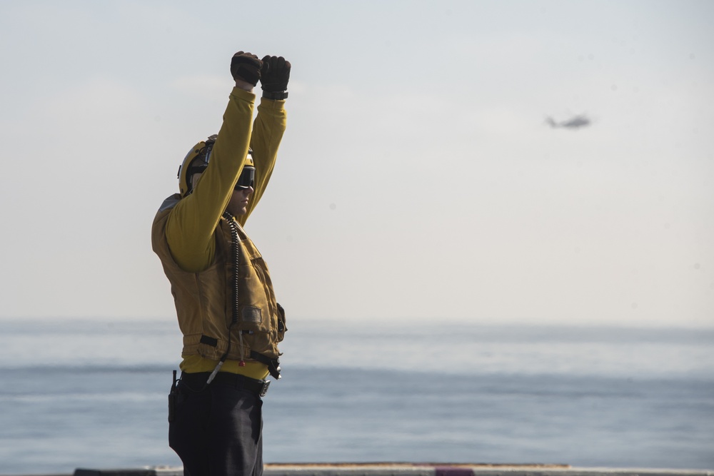 CH-53E Sea Stallion prepares to land aboard USS Somerset