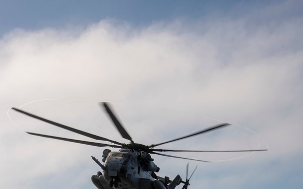 A CH-53E Sea Stallion prepares to land Aboard USS Somerset