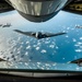 A B-2 Bomber, two RAF F-35 Lightning IIs and two F-15 Eagles fly a training mission over England