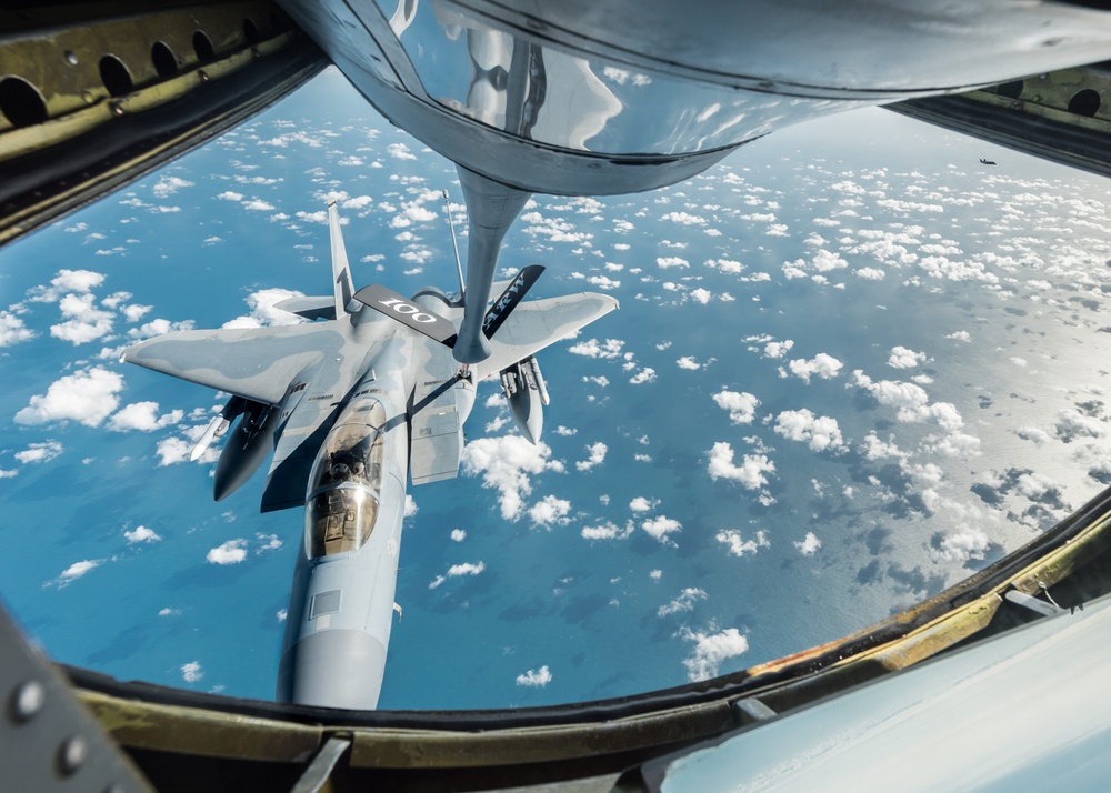 KC-135 Stratotanker refuels an F-15 Eagle during a training mission over England