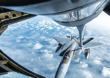KC-135 Stratotanker refuels an F-15 Eagle during a training mission over England
