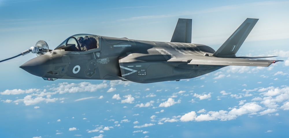 A RAF F-35 Lightning II is refueled by a KC-135 Stratotanker during a training mission over England