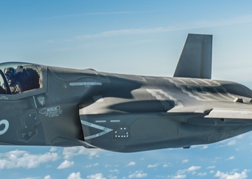 A RAF F-35 Lightning II is refueled by a KC-135 Stratotanker during a training mission over England
