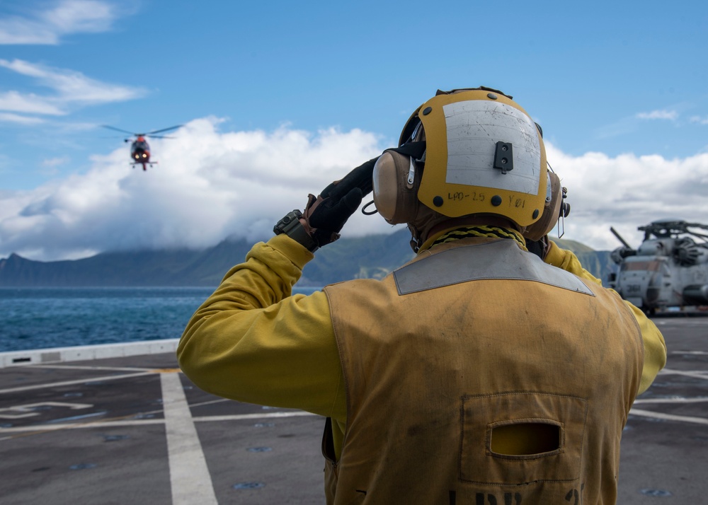 A MH-65D Is Signaled To Land Aboard USS Somerset