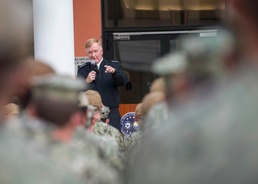 Adm. James G. Foggo III, commander, U.S. Naval Forces Europe and Africa, conducts an all-hands call