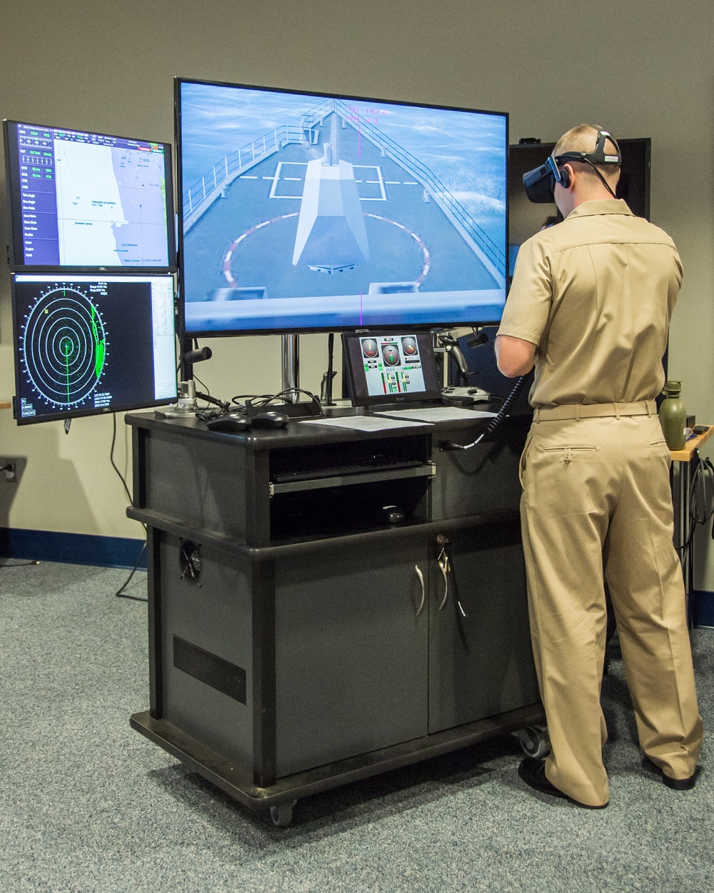 190918-N-TE695-0004 NEWPORT, R.I. (Sept. 18, 2019) -- Navy OCS test new Conning Officer Virtual Environment (COVE) cart systems