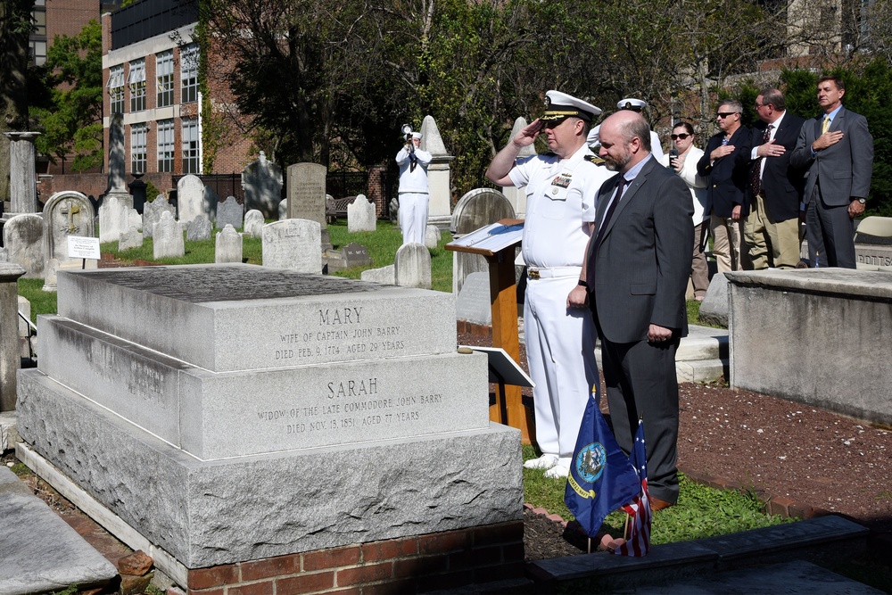 Sailors participate in an annual ceremony at the Commodore John Barry gravesite.