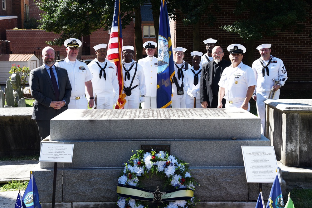 Sailors participate in an annual ceremony at the Commodore John Barry gravesite.