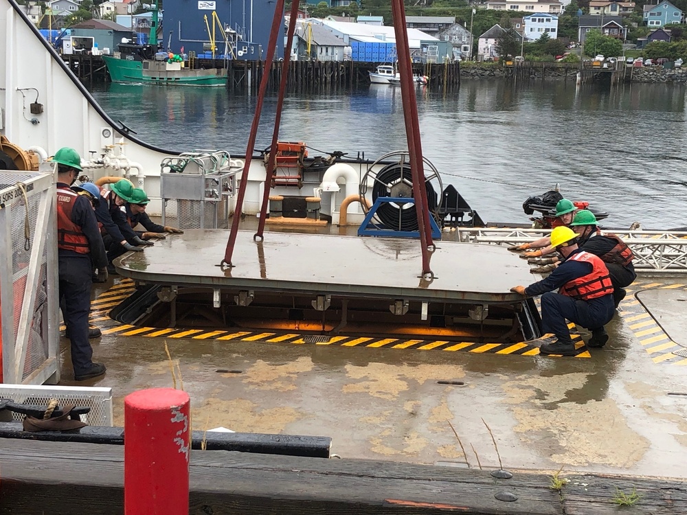 Coast Guard members conduct Spilled Oil Recovery System deployment training in Sitka, Alaska