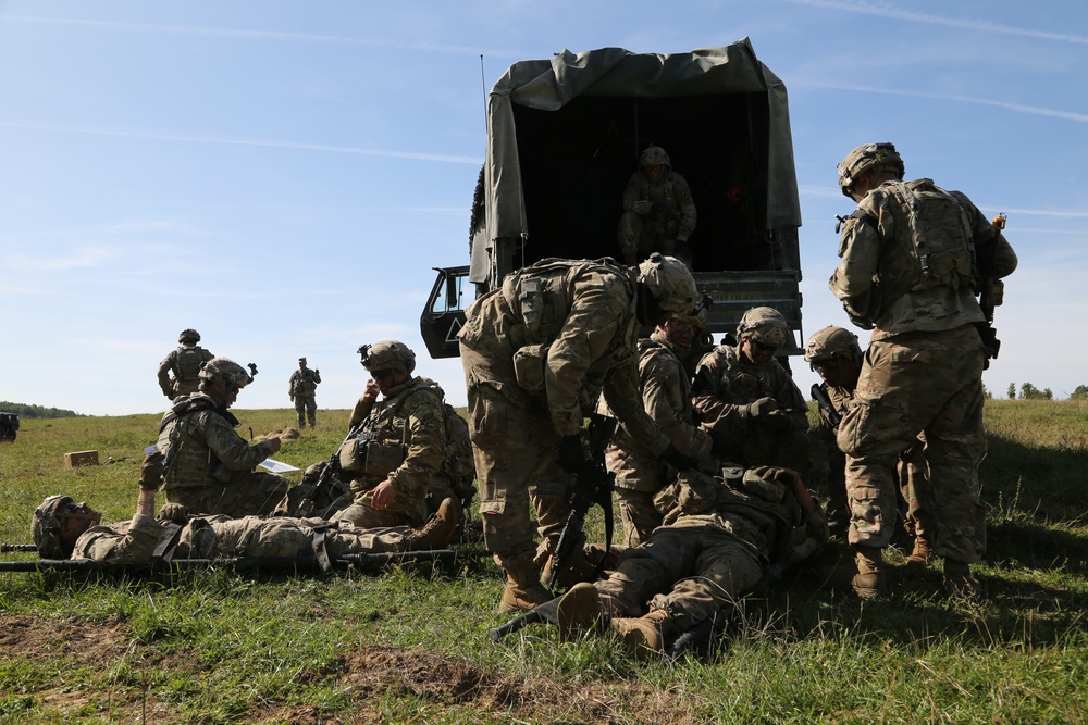 U.S. Soldiers prepare simulated casualties for evacuation during Saber Junction 19