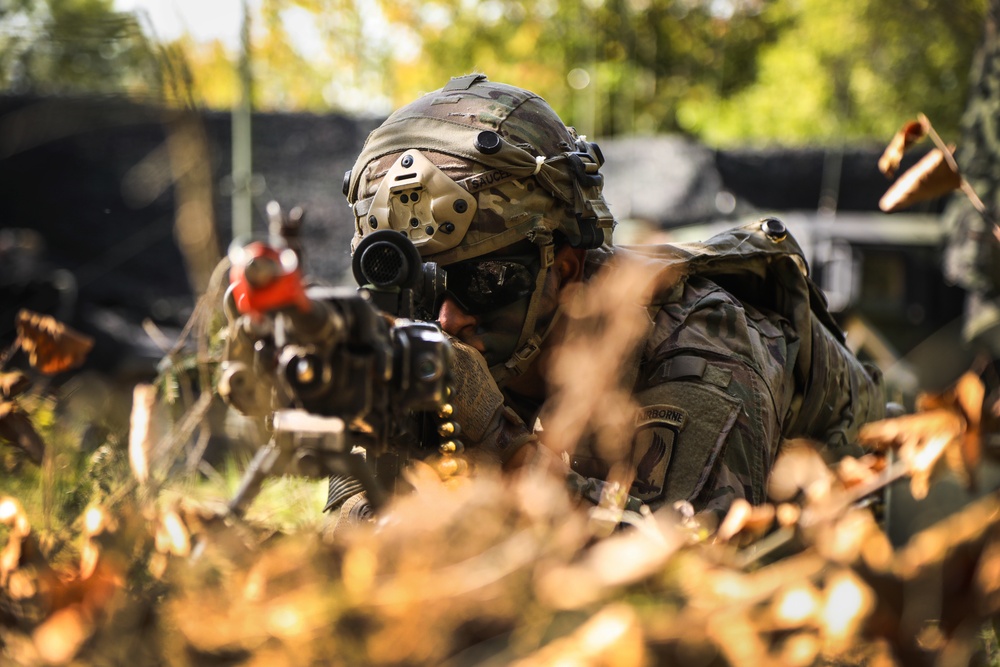 A U.S. Soldier scans his sector of fire during Saber Junction 19