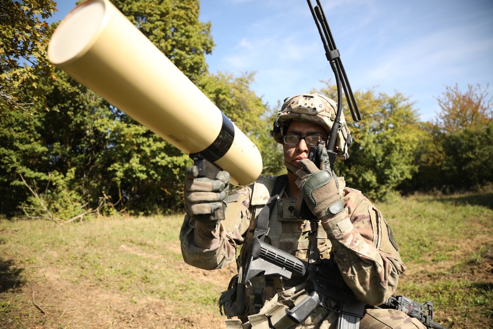 A U.S. Soldier communicates via radio during Saber Junction 19