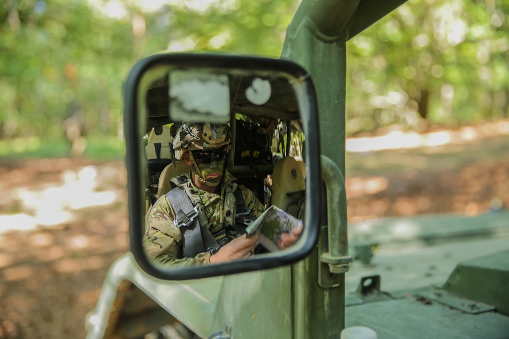 A U.S. Soldier with 173rd Airborne Brigade prepares to roll out during Saber Junction 19