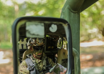 A U.S. Soldier with 173rd Airborne Brigade prepares to roll out during Saber Junction 19