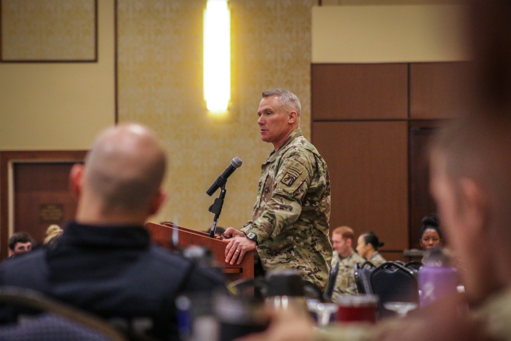 Lieutenant General Paul J. LaCamera, Commanding General of XVIII Airborne Corps and Fort Bragg, delivers his opening remarks to begin the Fort Bragg 5th Annual Special Victims Summit.