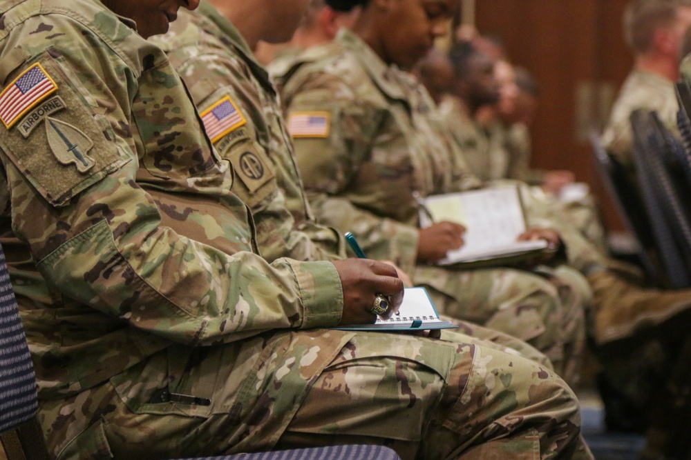 Fort Bragg senior leaders take notes during a panel discussion for the SHARP Leadership Forum.