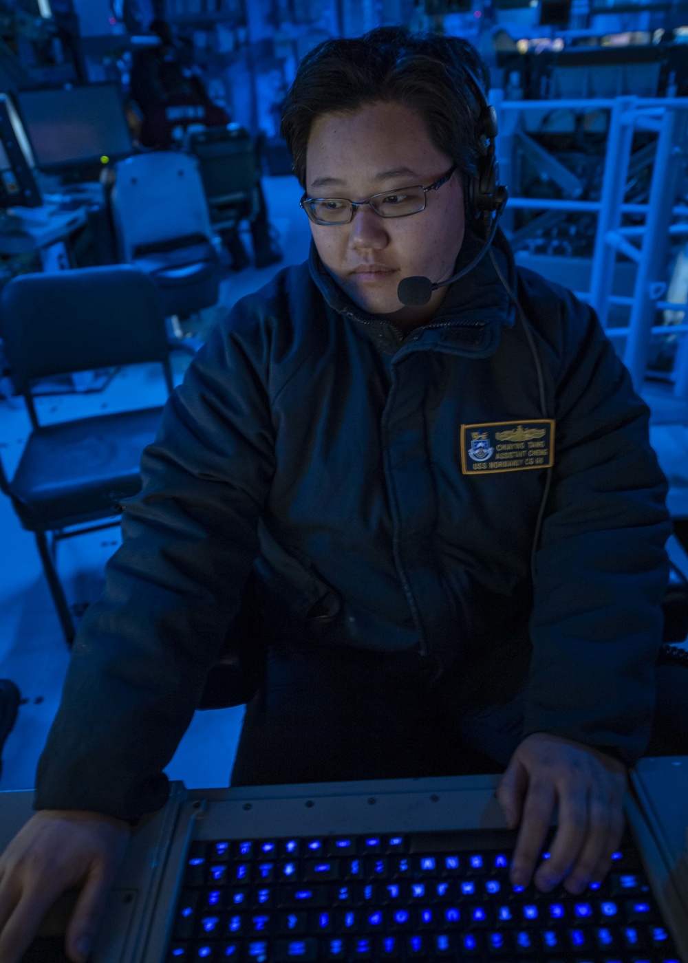 USS Normandy Sailor Stands Surface Warfare Coordinator Watch