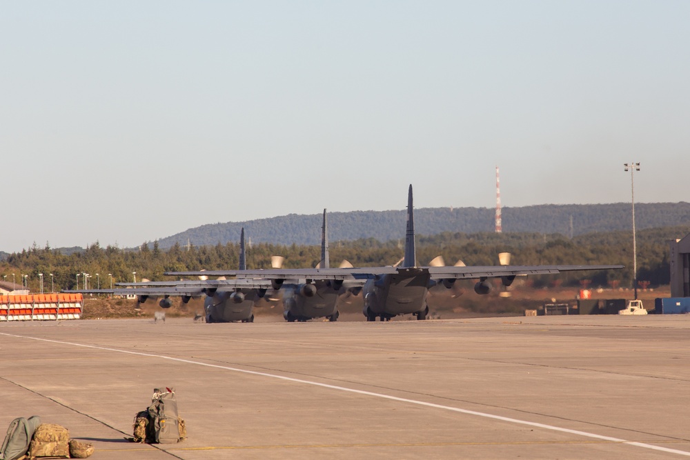 C-130s from across the U.S. transport Army paratrooper for Saber Junction 19