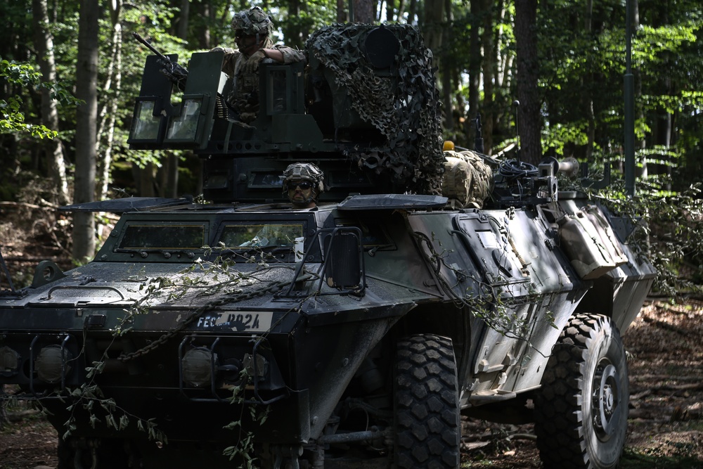 U.S. Soldiers of the 173rd Airborne Brigade hold a battle position during Saber Junction 19