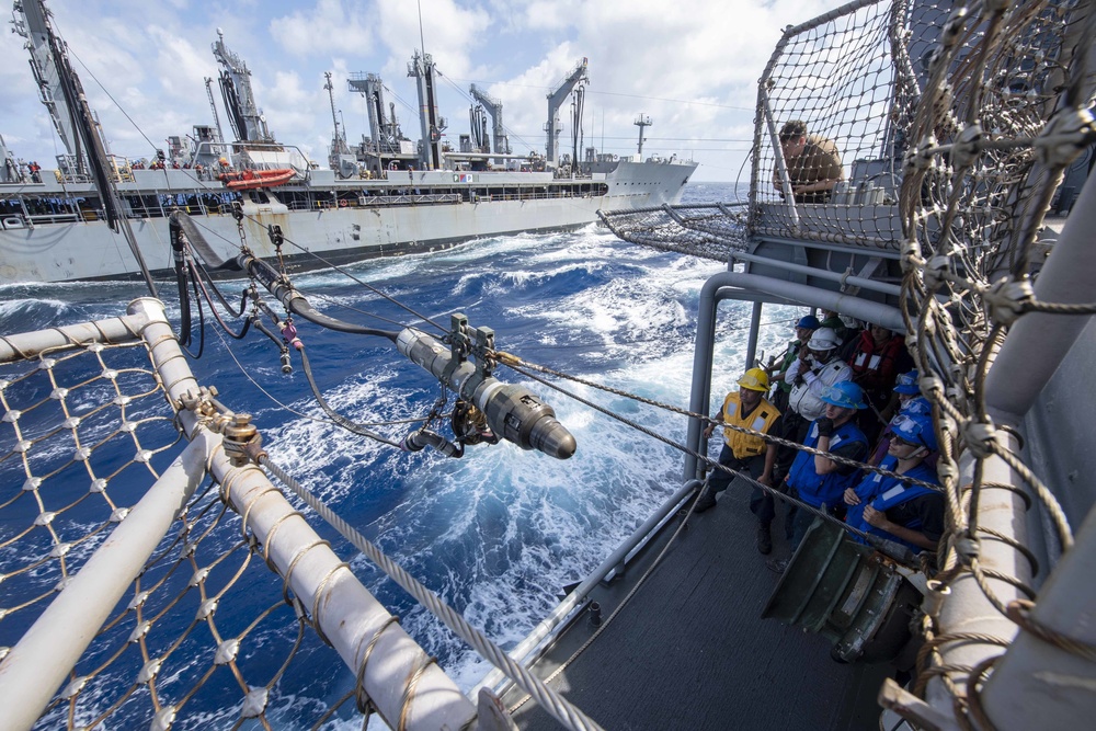 USS Antietam (CG 54) conducts replenishment-at-sea with USNS John Ericsson (T-AO-194)