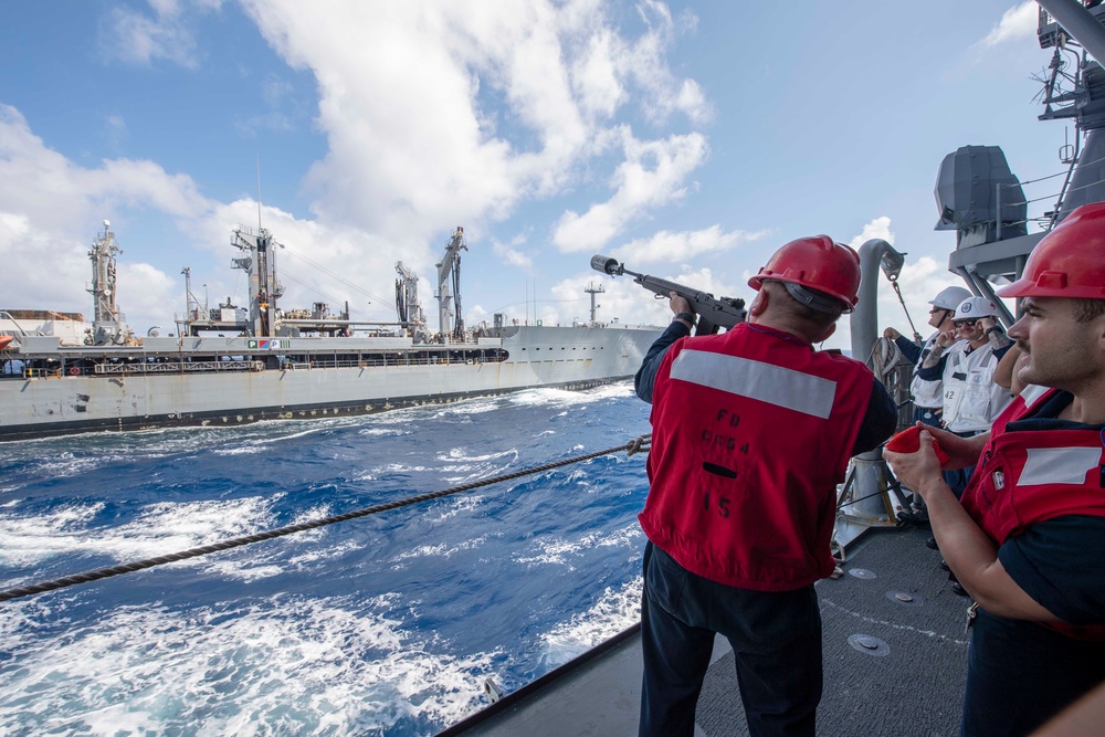 USS Antietam (CG 54) conducts replenishment-at-sea with USNS John Ericsson (T-AO-194)