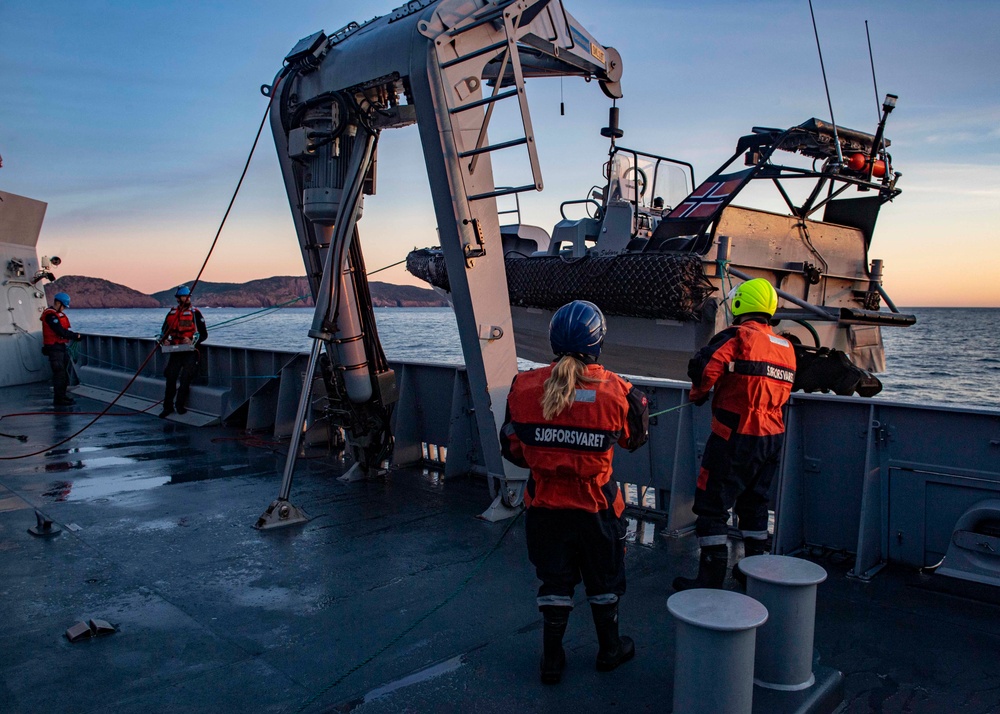 Sailors Aboard HNoMS Thor Heyerdahl Lower a RHIB