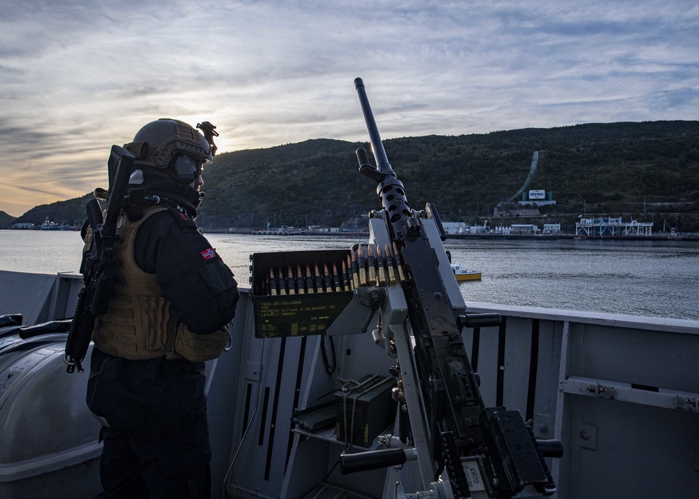 A Royal Norwegian Navy sailor Stands Watch on the HNoMS Thor Heyerdahl (F-314)