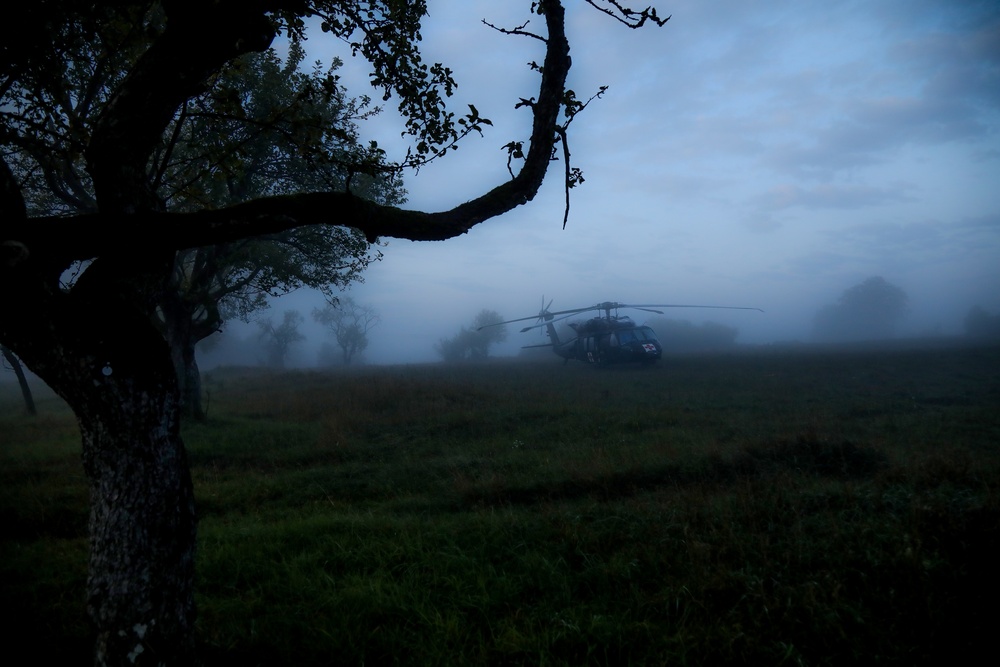 A U.S. Army UH60 Black Hawk is staged on a landing Zone during Saber Junction 19