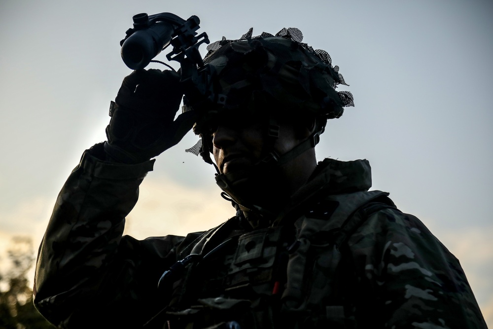 A U.S. Soldier adjusts his helmet during Saber Junction 19