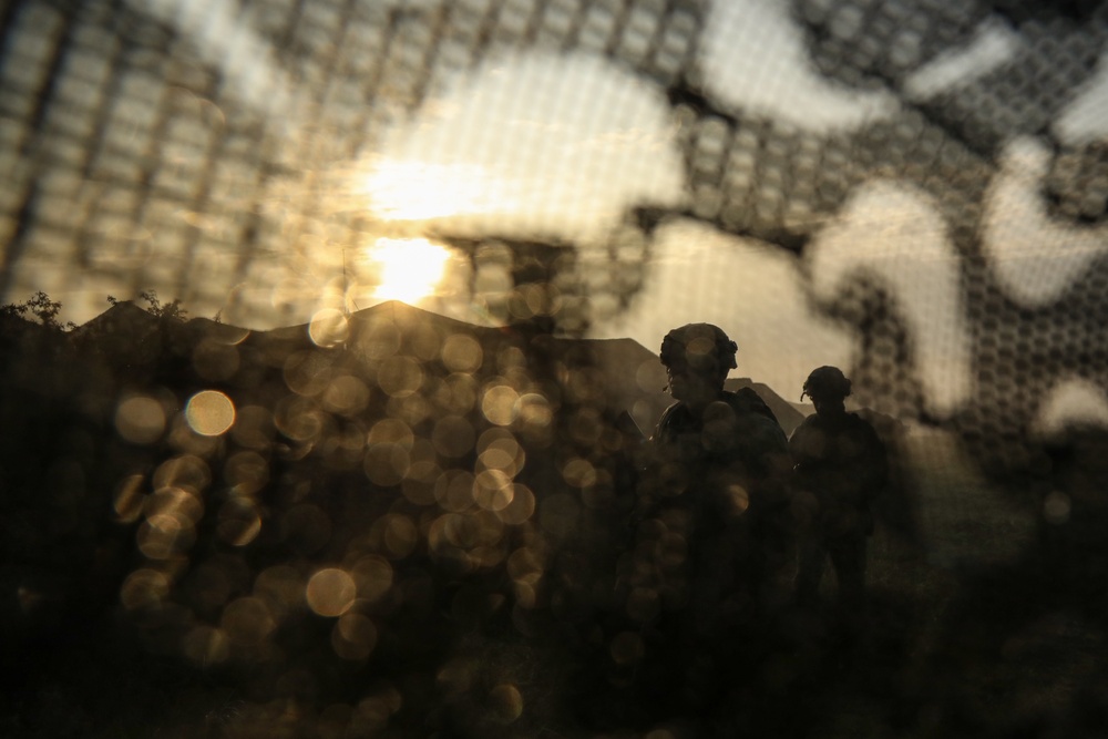 U.S. Soldiers patrol the camp during Saber Junction 19